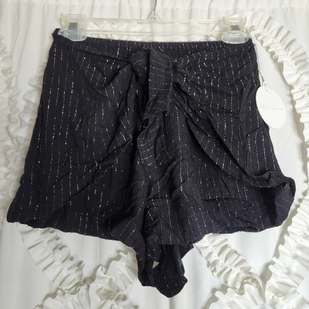 Tori Praver Summer Ray shorts Size small Black Copper Stripe Beach Tie Front
